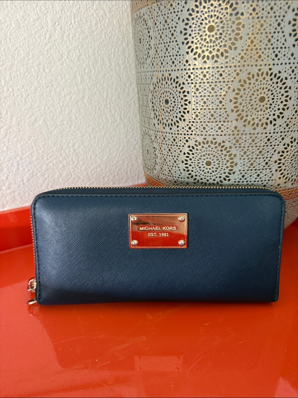 Michael Kors Teal Saffiano Zip Wallet with Gold Plaque